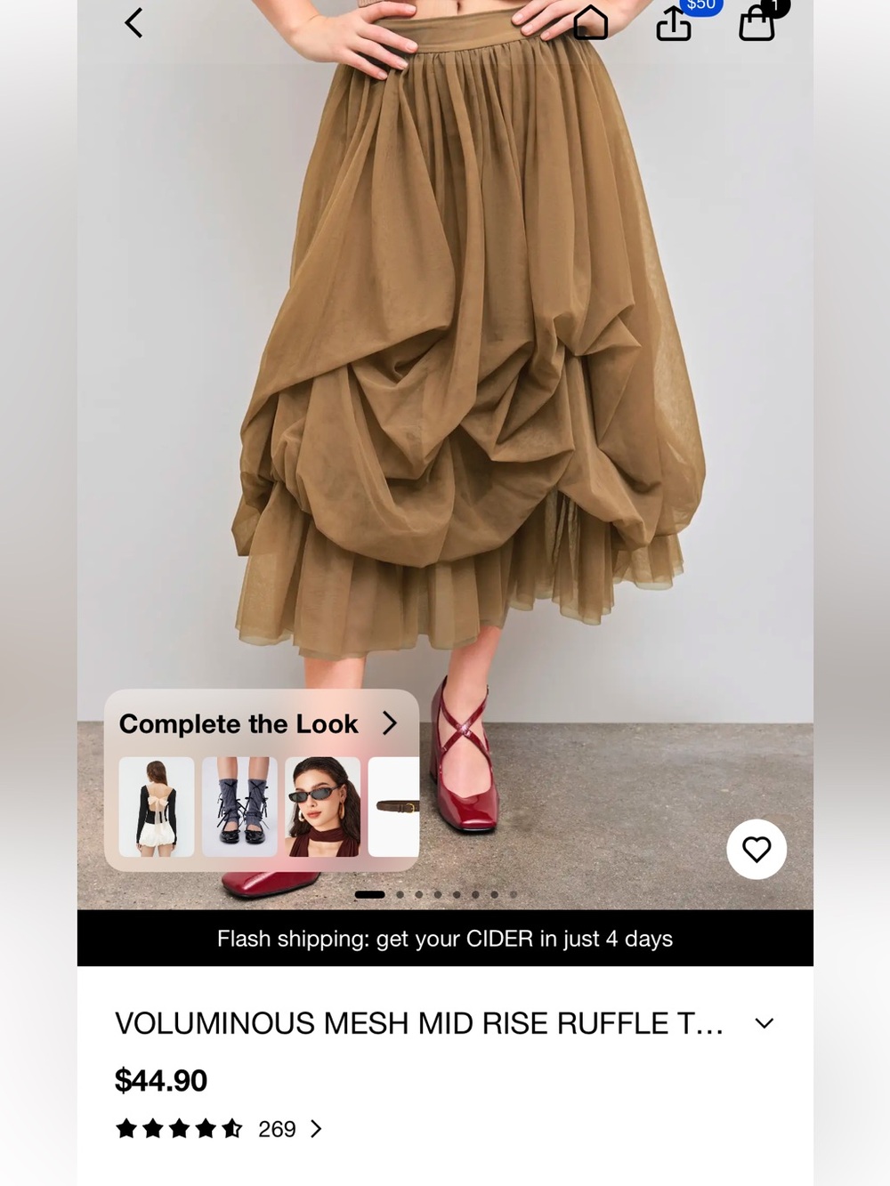 Voluminous Mesh Mid-Rise Ruffle Tulle Skirt - Olive Brown